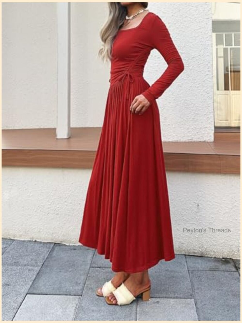 Long Sleeve Square Neck Maxi Dress Adjustable Waist Tie Casual A-Line Pleated - Picture 4 of 6